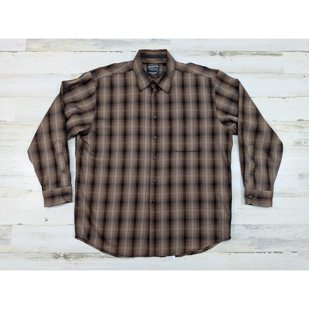 Pendleton Mens XL Wool Brown Plaid Zephyr Button Up Shirt Long Sleeve